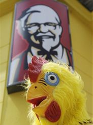 Aktivisté ze Společnosti na ochranu zvířat protestovali v Praze před pobočkou KFC (Kentucky Fried Chicken) proti způsobu velkochovu kuřat.