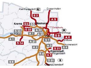 Mapa dalniční sítě okolo Vídně včetně dálnice A5 k českým hranicím.