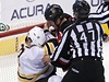 Matt Carkner dopravuje do branky Bostonu Zdena Cháru.