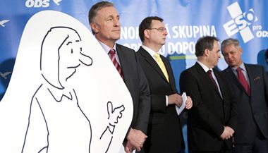 Občanská demokratická strana zahájila volební kampaň. Šéf ODS Mirek Topolánek u kreslených postaviček Václava Dobráka a Marie Slušné.