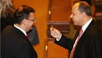 Marek �najdr odevzd�v� hlasovac� kartu premi�rovi Petru Ne�asovi